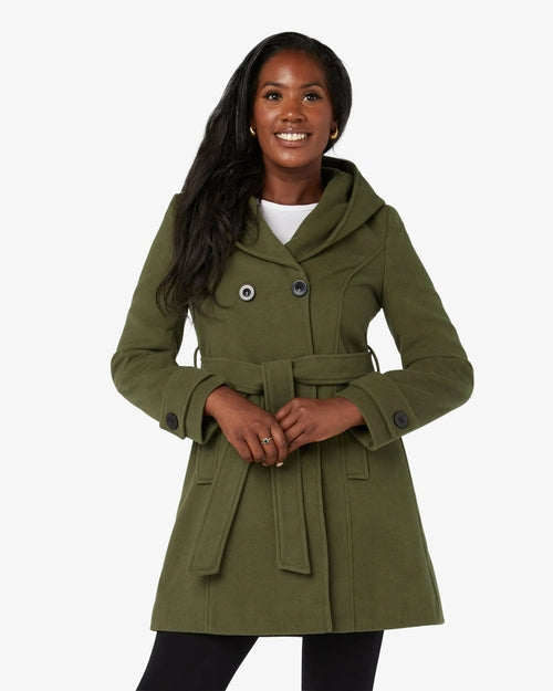 Olive green slim fit shawl hooded coat by Rose Eleusis, stylish jackets and coats with a cozy hood and tailored silhouette.