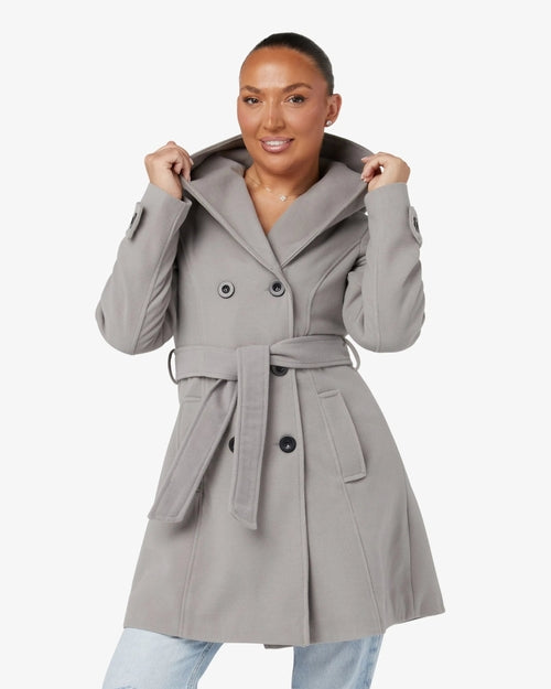 Silver slim fit shawl hooded coat by Rose Eleusis, stylish jacket with a cozy hood and tailored silhouette.