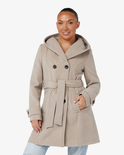 Slim fit Shawl Hooded Coat by Rose Eleusis in stone color, featuring a stylish hood and tailored design for jackets and coats.