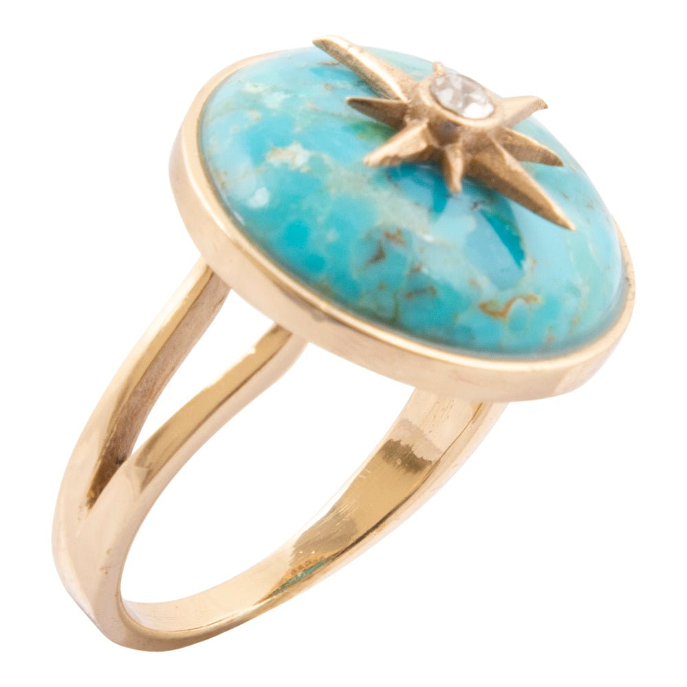 Celestial Blue Turquoise and gold statement ring from Start2Finish, showcasing intricate design and vibrant gemstone details.