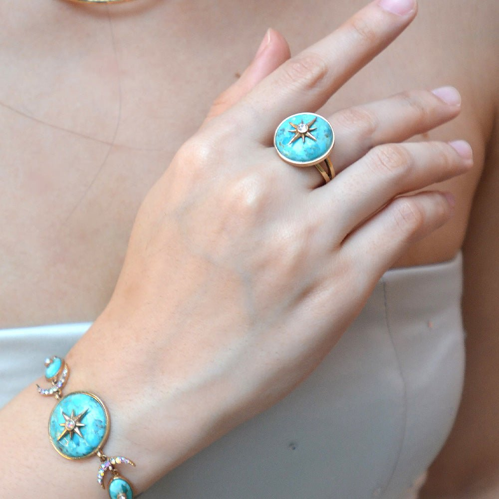 Celestial Blue Turquoise and gold statement jewelry ring with intricate design, from Start2Finish.