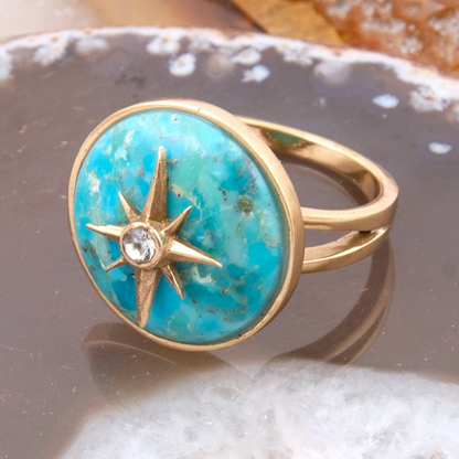 Celestial Blue Turquoise Golden Statement Ring from Start2Finish jewelry featuring a bold turquoise and gold design.