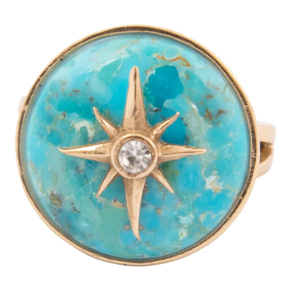 Celestial Blue Turquoise and gold statement ring from Start2Finish featuring intricate jewelry design and bold color accents.