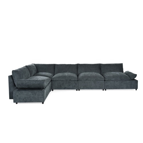 Carmine Juneberry LuneluX Home 115.5-inch deep gray modular sectional sofa with built-in storage, shown in a living room setting