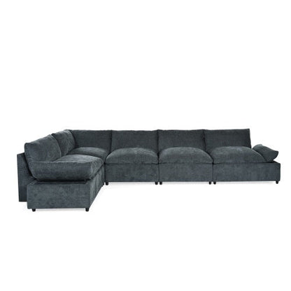 Carmine Juneberry LuneluX Home 115.5-inch deep gray modular sectional sofa with built-in storage, shown in a living room setting