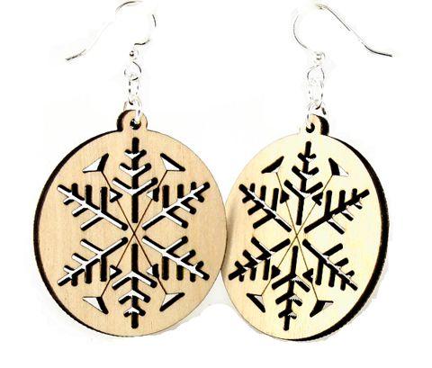 Red Sunflower snowflake earrings featuring intricate snowflake designs in silver with dangling elements.