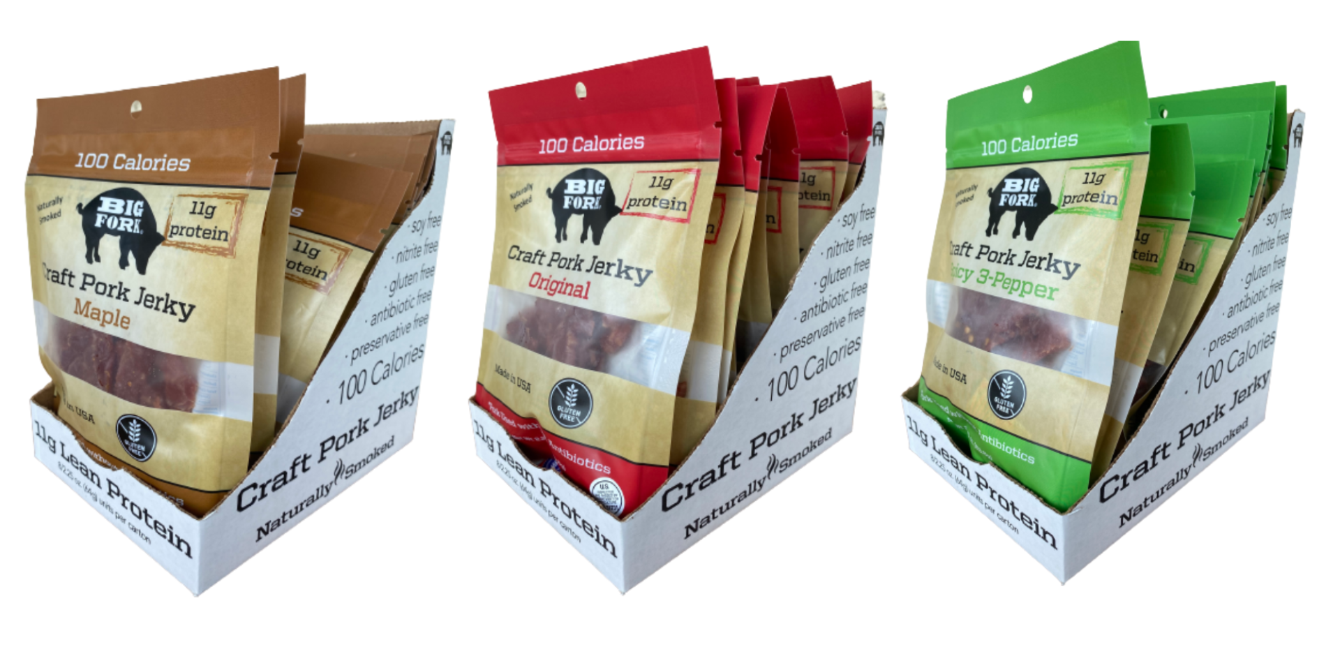 Assorted Craft Pork Jerky Collection by Start2Finish with 24 bags, showcasing different flavors in colorful packaging.