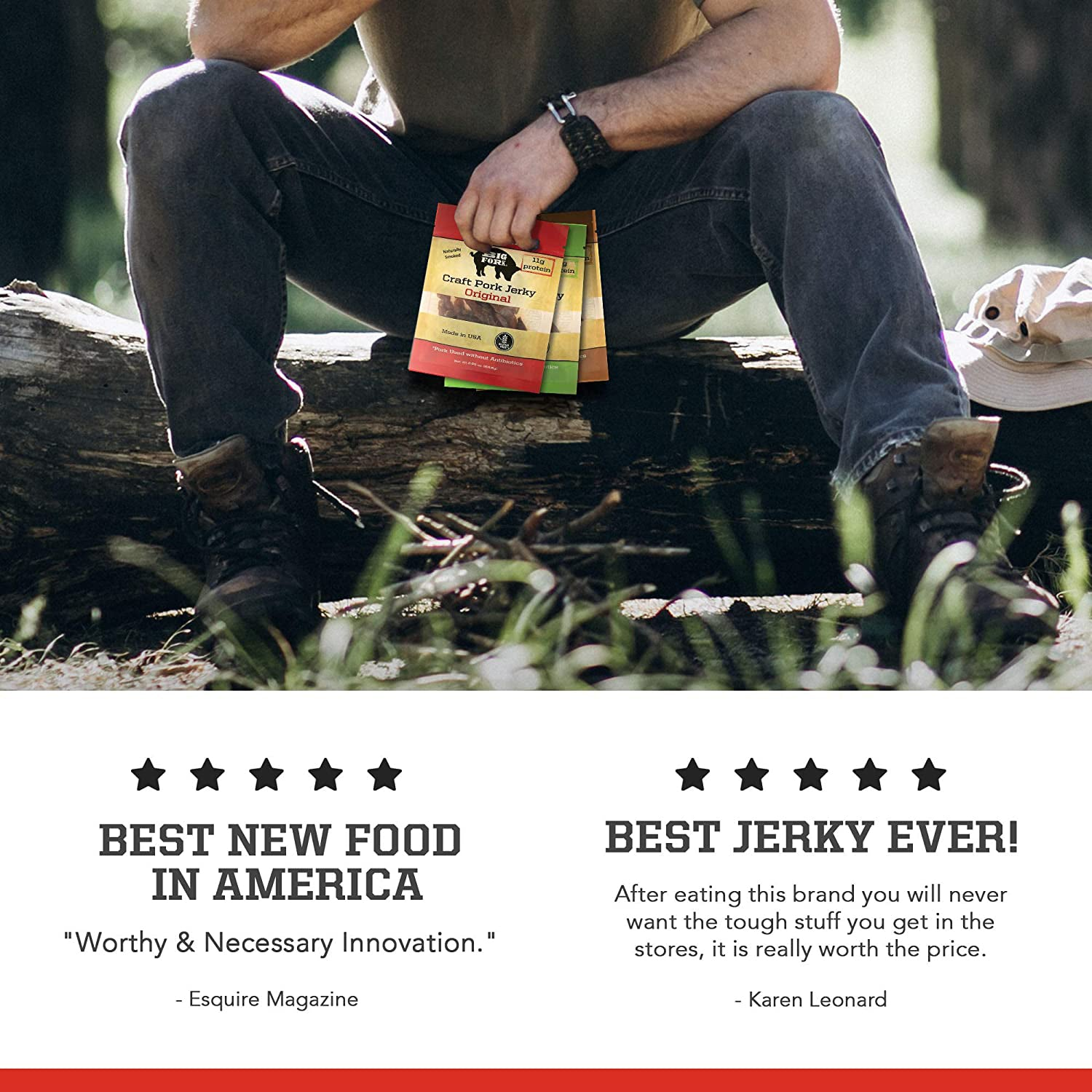 Start2Finish Craft Pork Jerky Collection with 24 bags of assorted flavors, featuring high-quality pork jerky in resealable packaging.