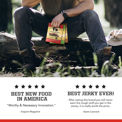 Start2Finish Craft Pork Jerky Collection with 24 bags of assorted flavors, featuring high-quality pork jerky in resealable packaging.