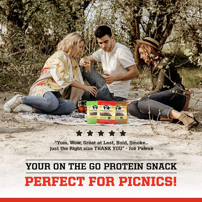 Start2Finish Craft Pork Jerky Collection with 24 bags of assorted flavors, featuring tender, flavorful pork jerky in resealable bags.