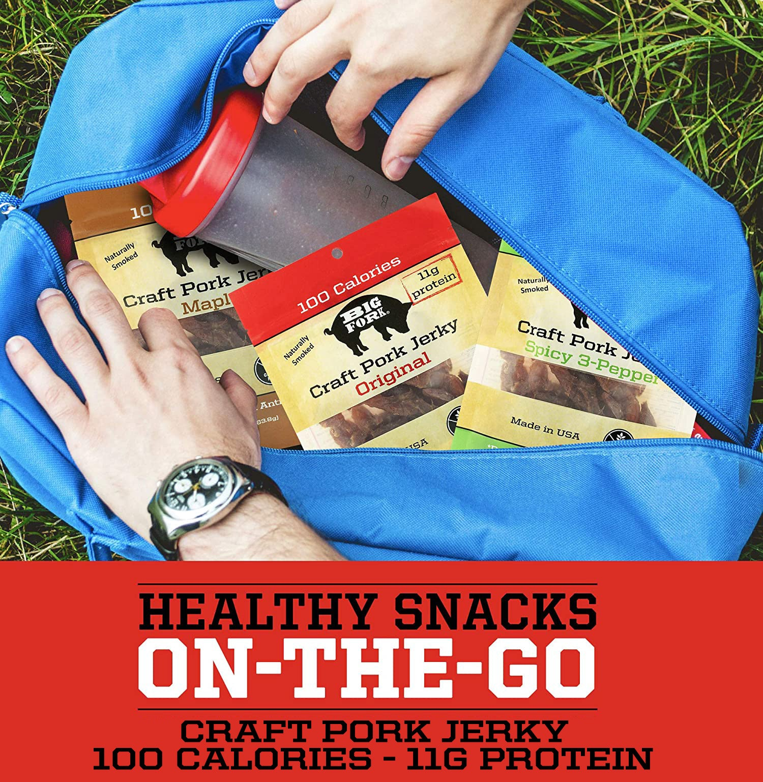 Start2Finish craft pork jerky collection with 24 bags featuring three flavors of savory pork jerky for snacking.