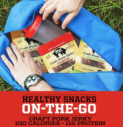 Start2Finish craft pork jerky collection with 24 bags featuring three flavors of savory pork jerky for snacking.