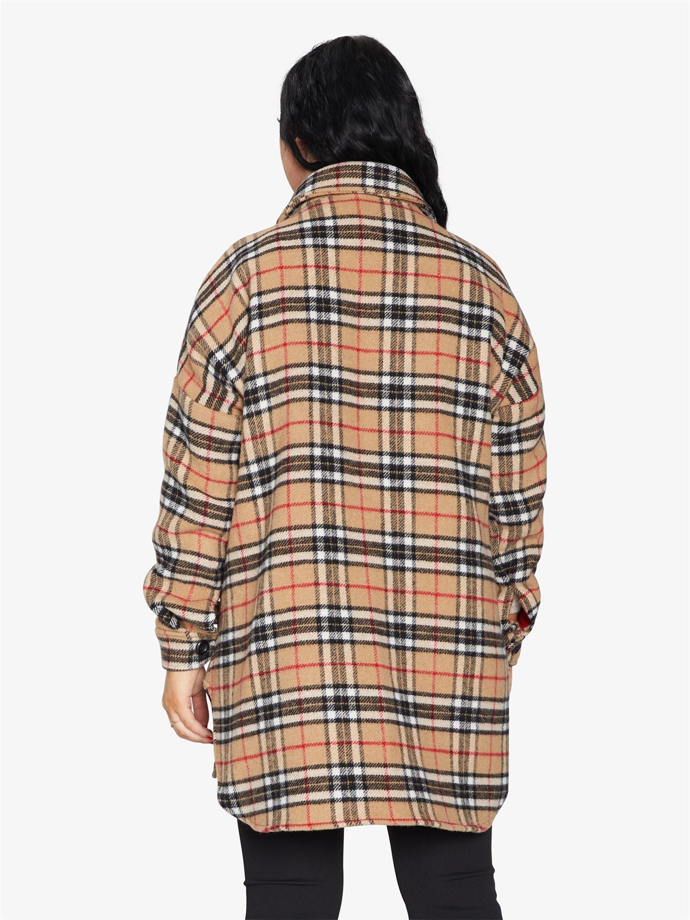 Oversized Nova Check wool blend shacket from Rose Eleusis, featuring a plaid pattern, button front, and relaxed fit.