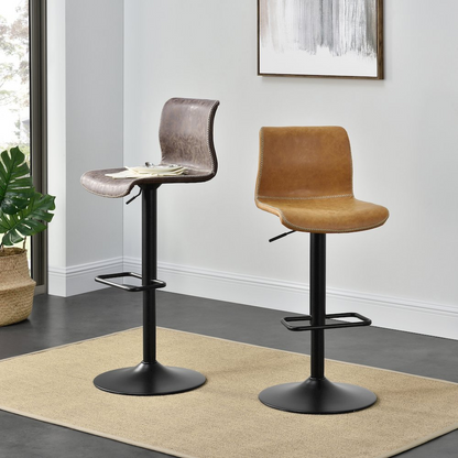 Set of two Start2Finish Jayden faux leather low back gaslift bar stools with chrome bases and wooden footrests.