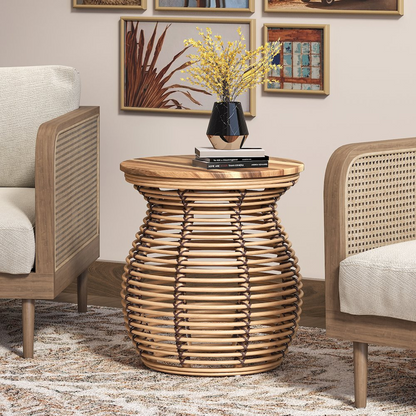 Start2Finish Quito rattan side table with wood top, showcasing a round woven rattan base and a smooth wooden surface.