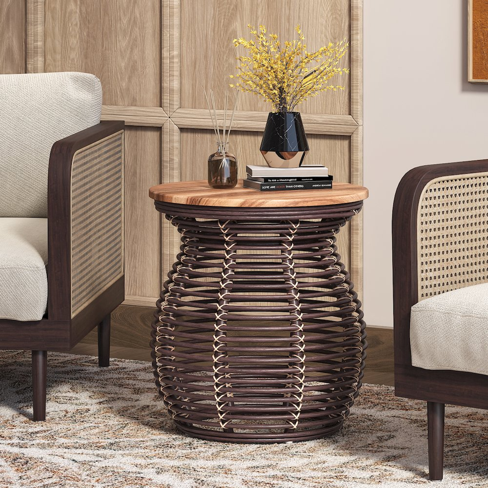 Start2Finish Quito Rattan Side Table with wood top, showing woven rattan design and sturdy wooden surface for living room decor.