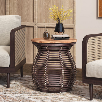 Start2Finish Quito Rattan Side Table with wood top, showing woven rattan design and sturdy wooden surface for living room decor.