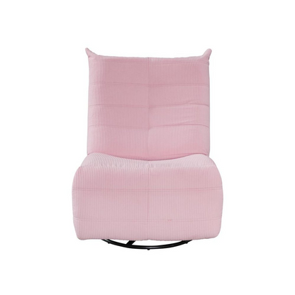 Pink corduroy swivel glider recliner chair by Start2Finish with plush cushioning and a smooth swivel base, perfect for comfortable seating.