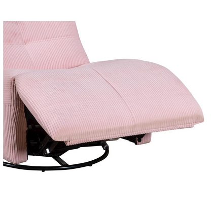 Pink corduroy swivel glider recliner chair by Start2Finish, featuring plush upholstery and a comfortable, modern furniture design.