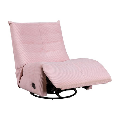 Pink corduroy swivel glider recliner chair by Start2Finish with plush fabric and cushioned armrests.