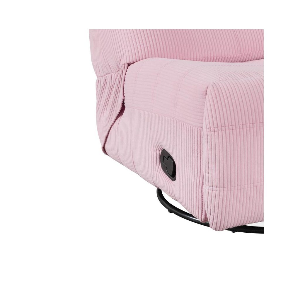 Pink corduroy swivel glider recliner by Start2Finish, featuring plush upholstery and a comfortable, modern furniture design.