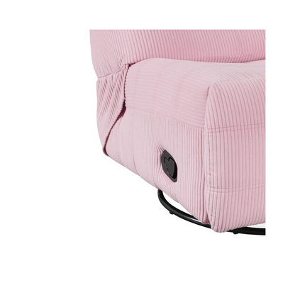 Pink corduroy swivel glider recliner by Start2Finish, featuring plush upholstery and a comfortable, modern furniture design.