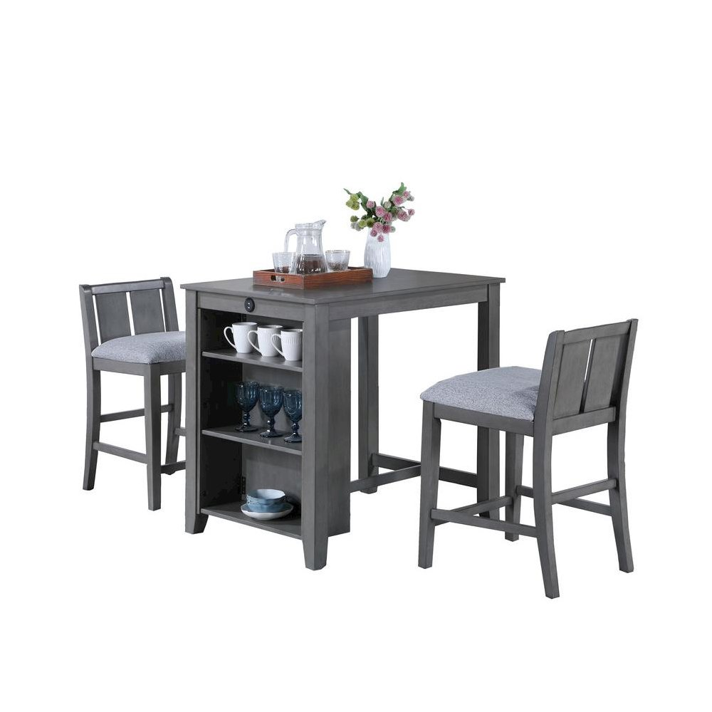 Gray finish 3-piece small space counter height dining table with shelves, compact and stylish by Start2Finish.