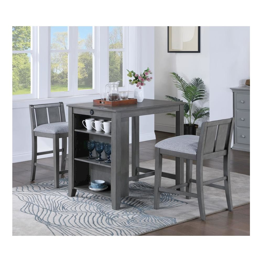 Start2Finish 3-piece gray finish small space counter height dining table set with shelves, compact and modern for kitchen or dining area.