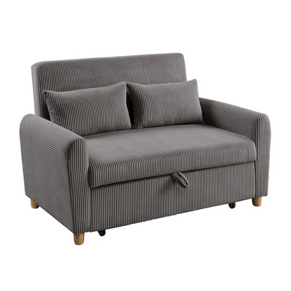 Brown corduroy convertible sleeper loveseat by Start2Finish, featuring plush fabric and versatile seating with a fold-out bed.