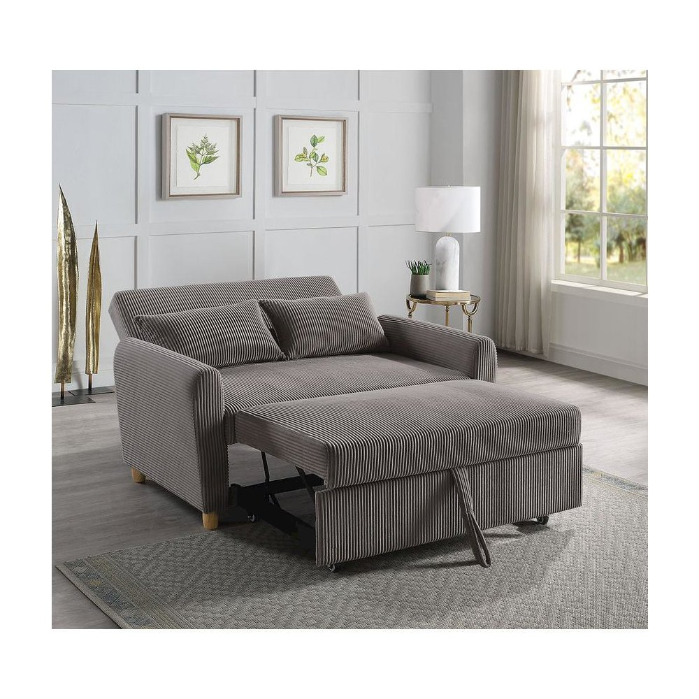 Brown corduroy loveseat with convertible sleeper feature, showcasing plush cushions and sleek furniture design from Start2Finish.