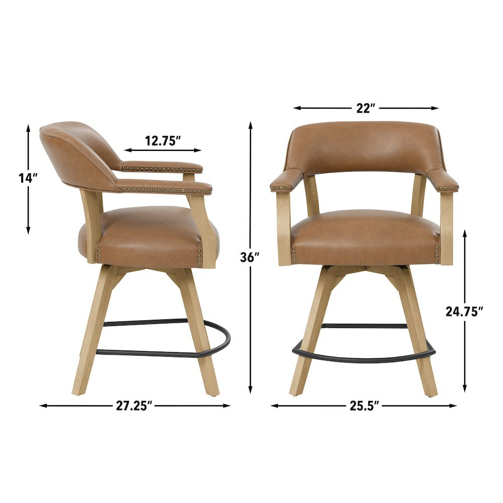 Start2Finish Rylie 24-inch swivel counter chair with camel vegan leather upholstery and modern design.