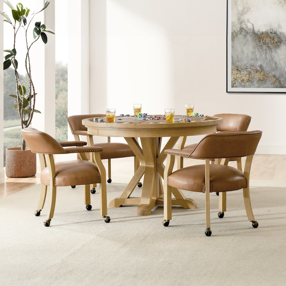 Rylie 24-inch swivel counter chair in camel vegan leather with a modern design and chrome base, by Start2Finish.