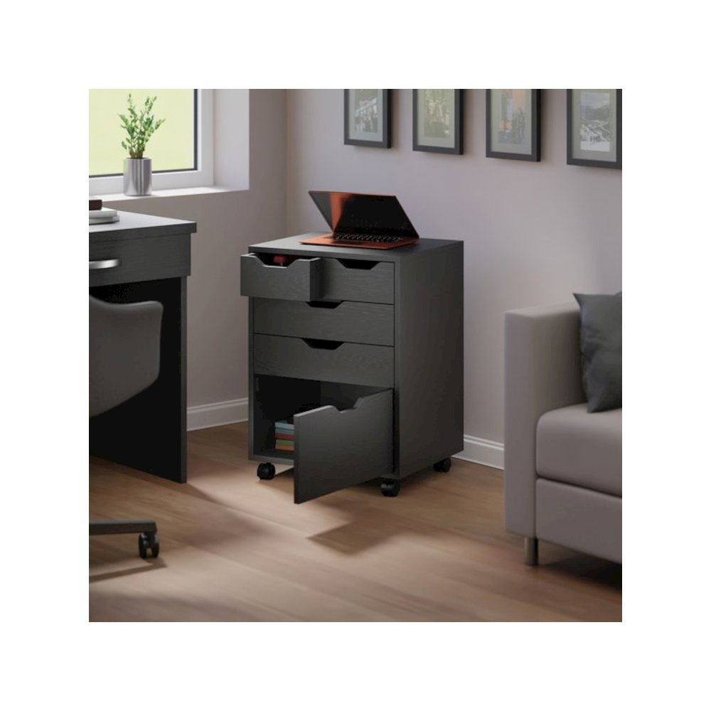 Black Halifax Bins &amp; Drawers Storage Mobile Cabinet by Start2Finish with multiple drawers and wheels for versatile organization and mobility.