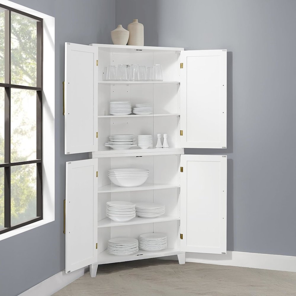 Roarke corner kitchen storage pantry cabinet by Start2Finish with adjustable shelves and door storage for organized kitchen space.