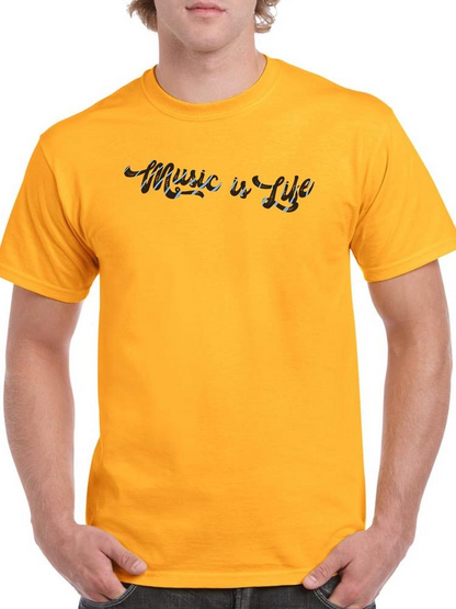 Music Is Life T-shirt by Start2Finish, featuring a casual black apparel with a bold "Music Is Life" graphic print.
