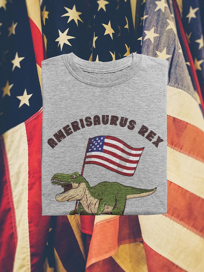 Amerisaurus Rex T-shirt by SmartPrintsInk, featuring colorful dinosaur design on casual apparel, in front view.