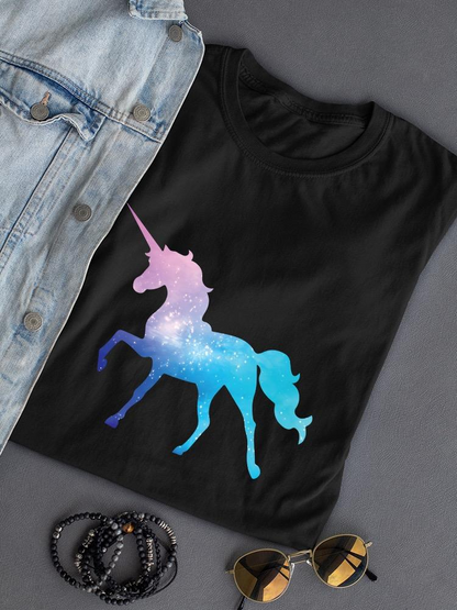 Watercolor unicorn T-shirt by Start2Finish featuring a colorful unicorn illustration on soft apparel.