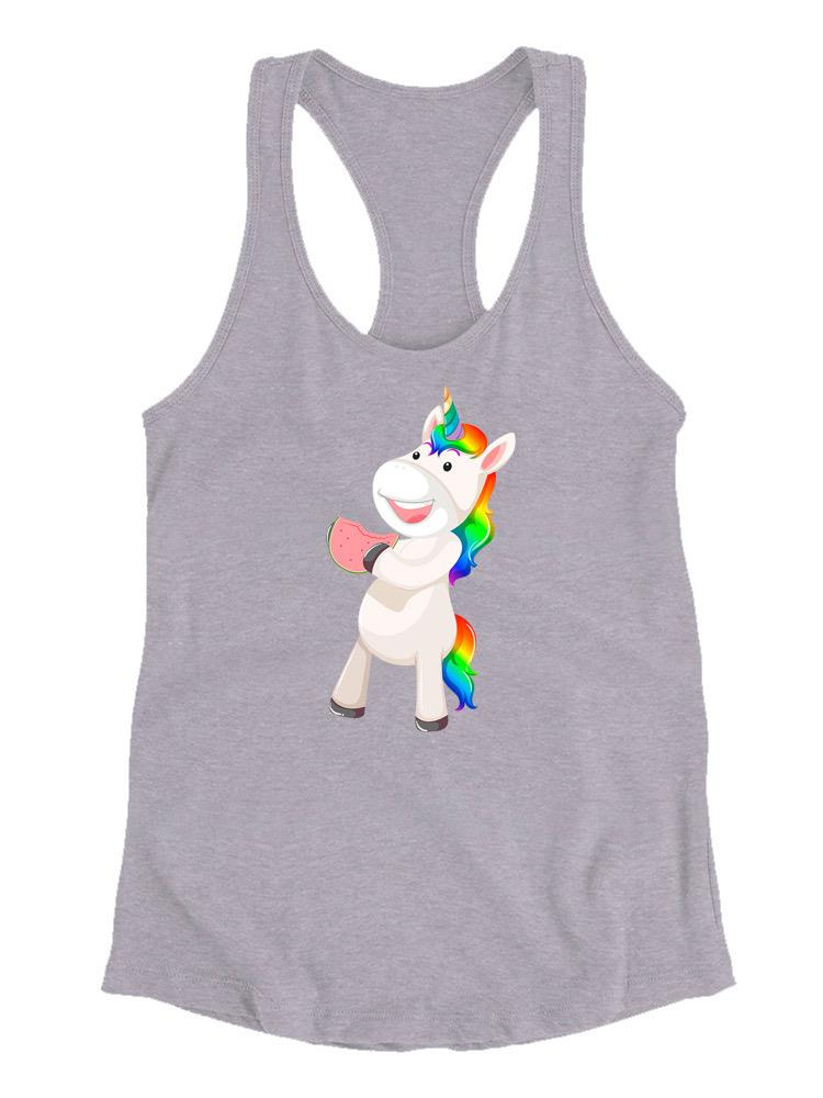 Start2Finish unicorn eating watermelon T-shirt, colorful cartoon design on soft apparel, perfect for casual wear and fun style.