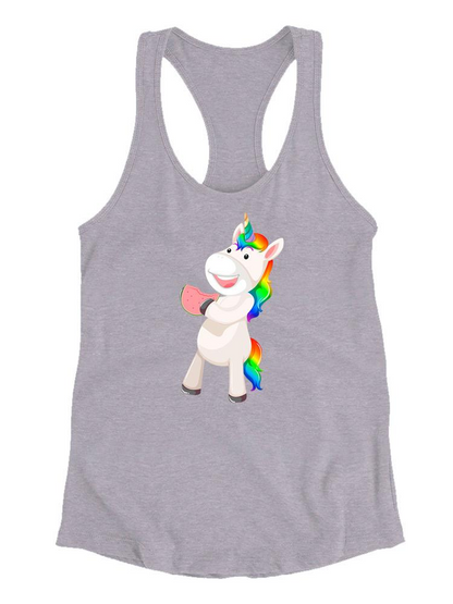 Start2Finish unicorn eating watermelon T-shirt, colorful cartoon design on soft apparel, perfect for casual wear and fun style.