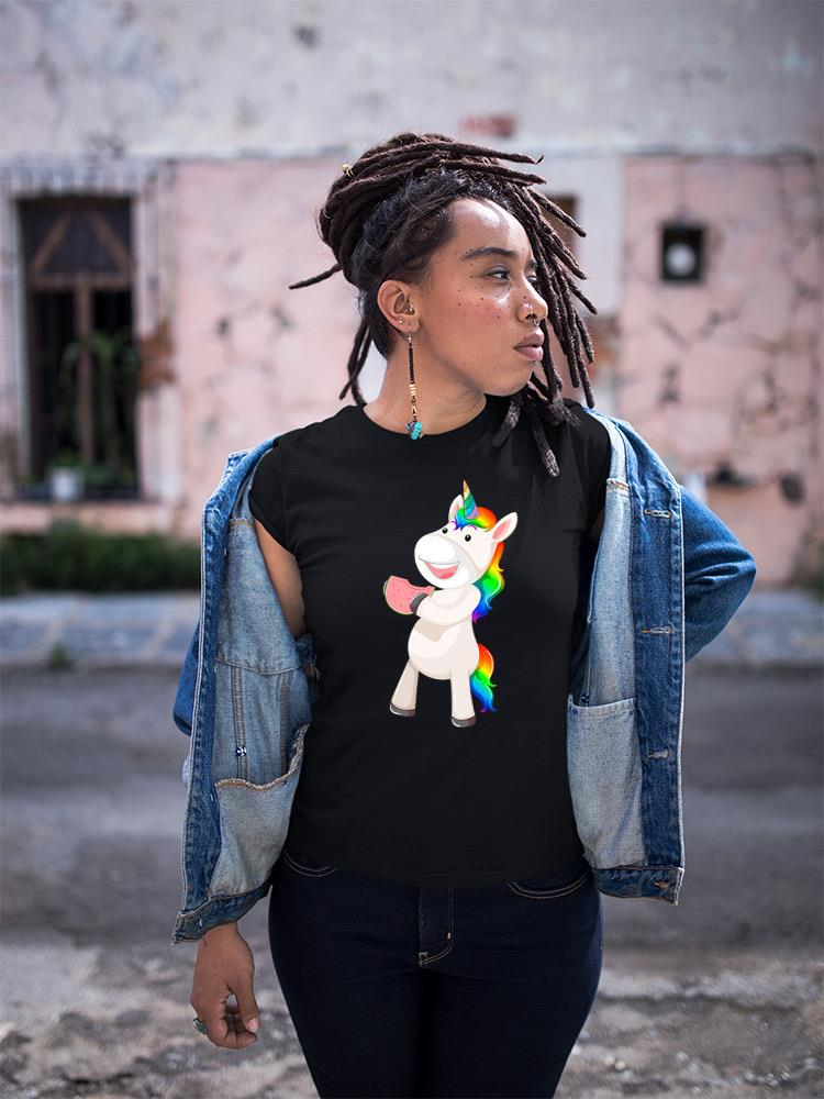 Start2Finish unicorn T-shirt featuring a playful unicorn eating watermelon, colorful and fun apparel for casual wear.