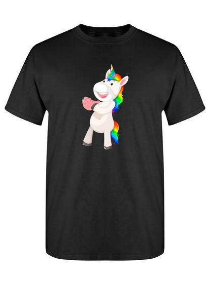 Start2Finish Unicorn Eating Watermelon T-shirt featuring a colorful unicorn illustration on soft apparel fabric.