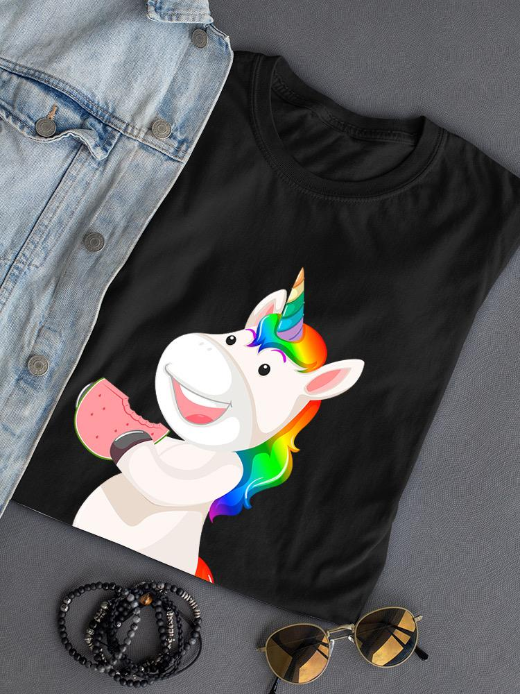 Start2Finish Unicorn Eating Watermelon T-shirt, colorful apparel with a whimsical unicorn design on soft fabric.