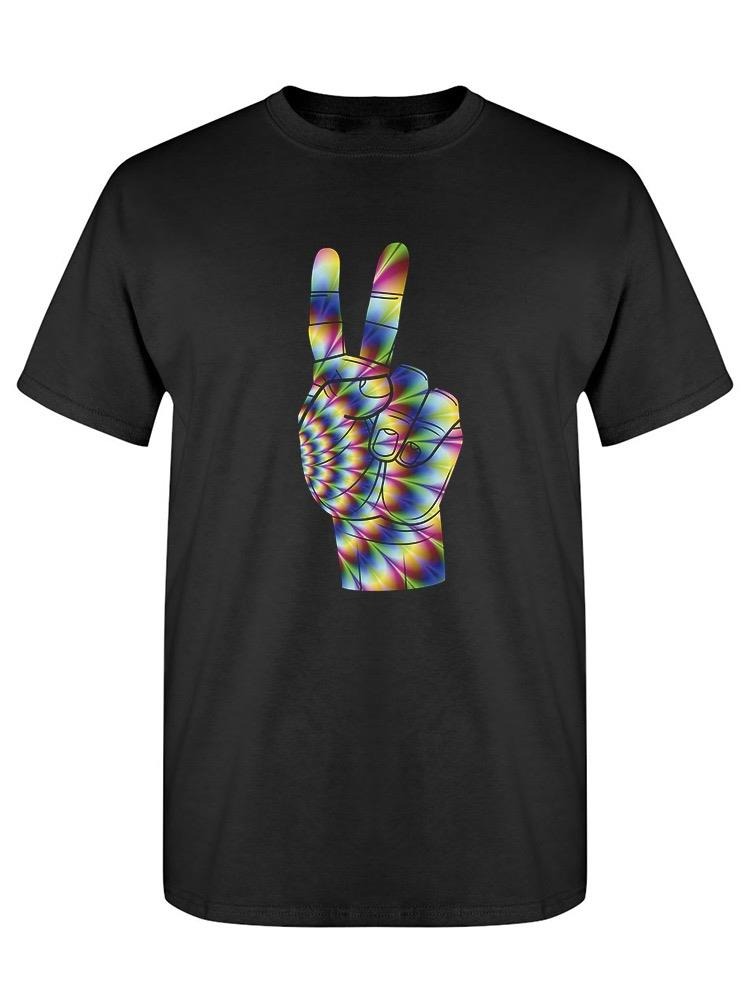 Colorful peace hand sign T-shirt by Start2Finish, featuring vibrant peace symbols on casual apparel.