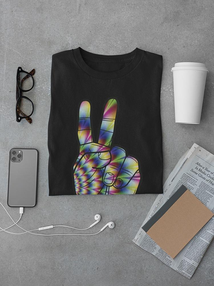 Colorful peace hand sign T-shirt by Start2Finish, featuring vibrant peace symbol design on casual apparel.