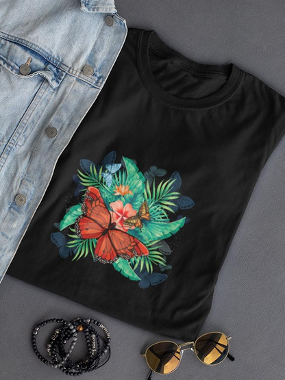 Start2Finish Flower with Butterflies T-shirt featuring colorful floral and butterfly print on casual apparel.