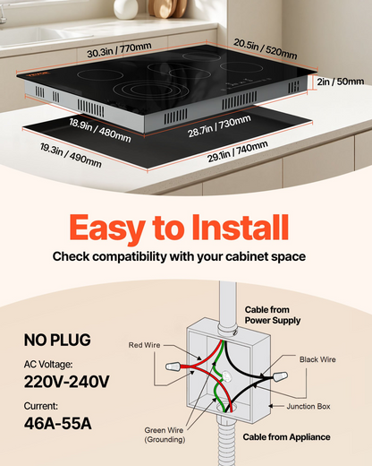 Start2Finish VEVOR built-in electric stove top with five burners, glass surface, touch controls, and safety features.