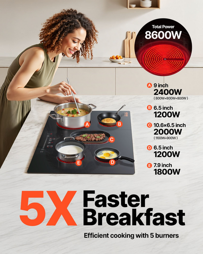 Start2Finish VEVOR built-in electric stove top with 5 burners, glass surface, touch controls, timer, child lock, and 9 power levels.