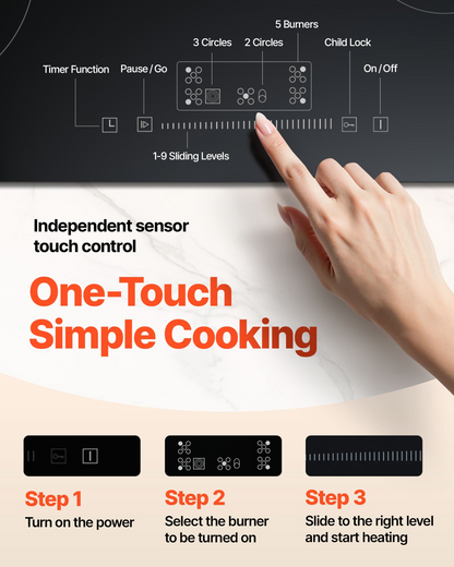 Start2Finish VEVOR 30.3x20.5 inch 5-burner electric glass cooktop with touch controls, timers, and multiple power levels.