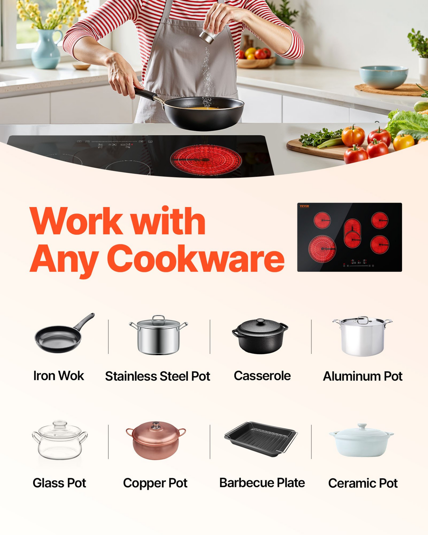 Start2Finish VEVOR built-in electric stove top with five burners, glass surface, touch controls, timer, and child lock.