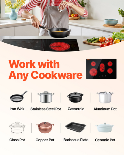 Start2Finish VEVOR built-in electric stove top with five burners, glass surface, touch controls, timer, and child lock.